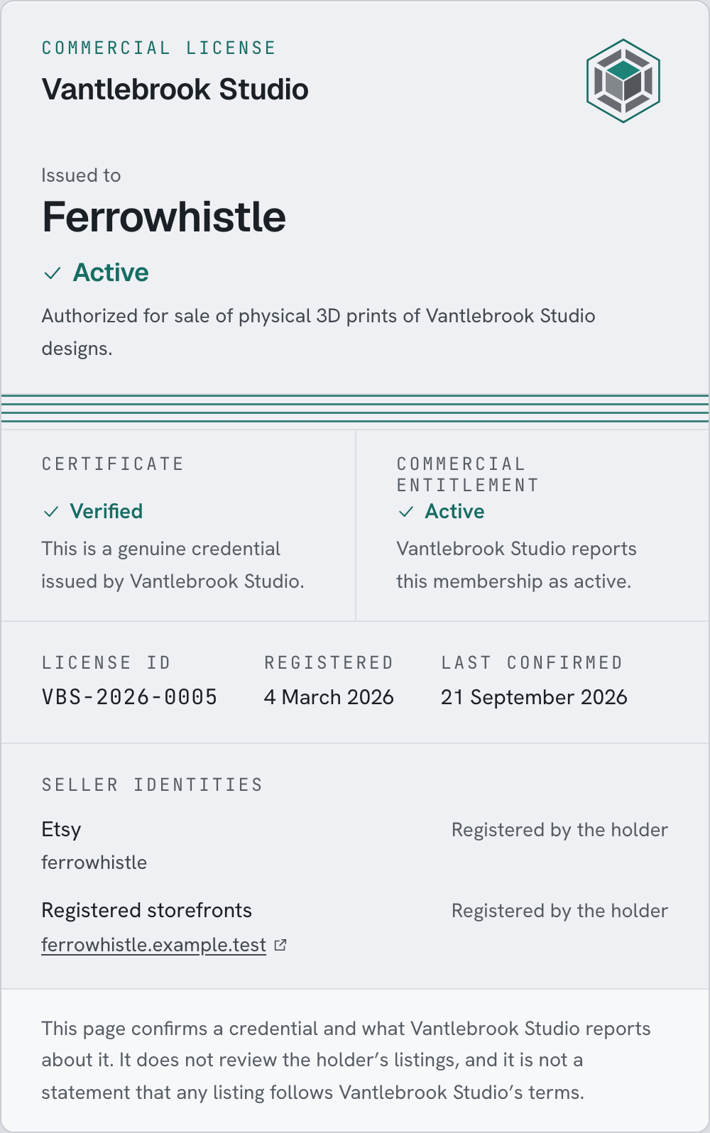 A credential page: the issuer over the holder's name, the certificate and the entitlement side by side as two separate facts, the license id with its dates, and where the holder says they sell.